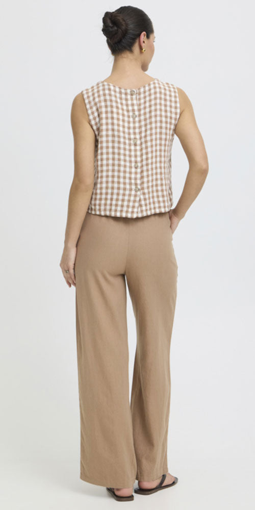 B.Young Linen Blend Shell Top, taupe gingham