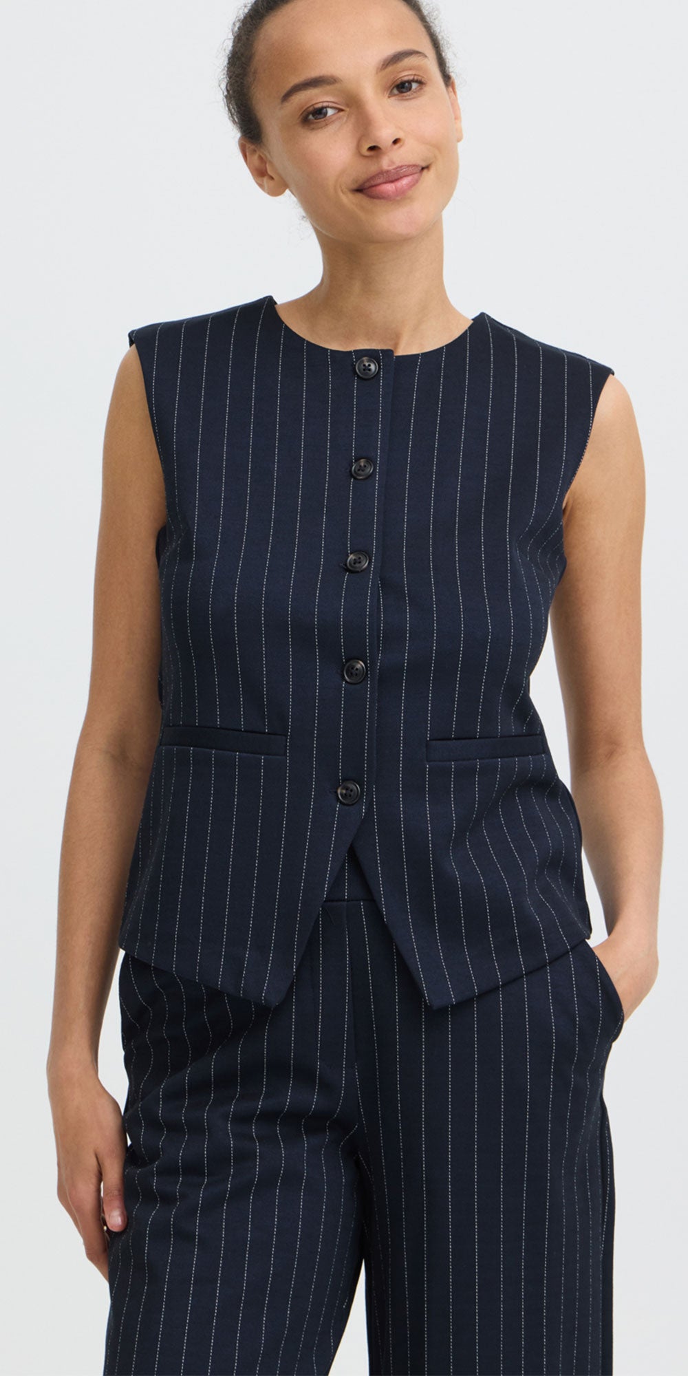 B.Young Pinstripe Ponte Knit Vest, navy