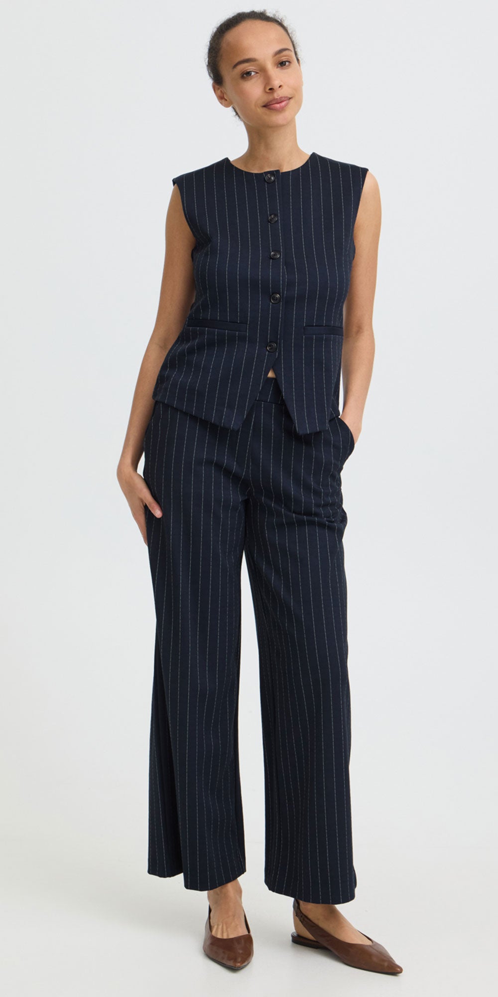 B.Young Pinstripe Ponte Knit Pants, navy