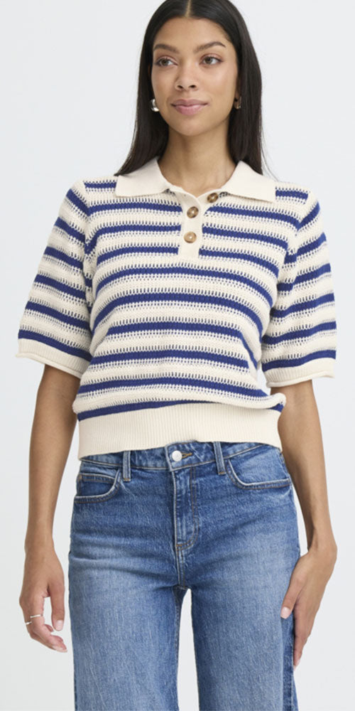 B.Young Striped Cotton Polo, navy/cream