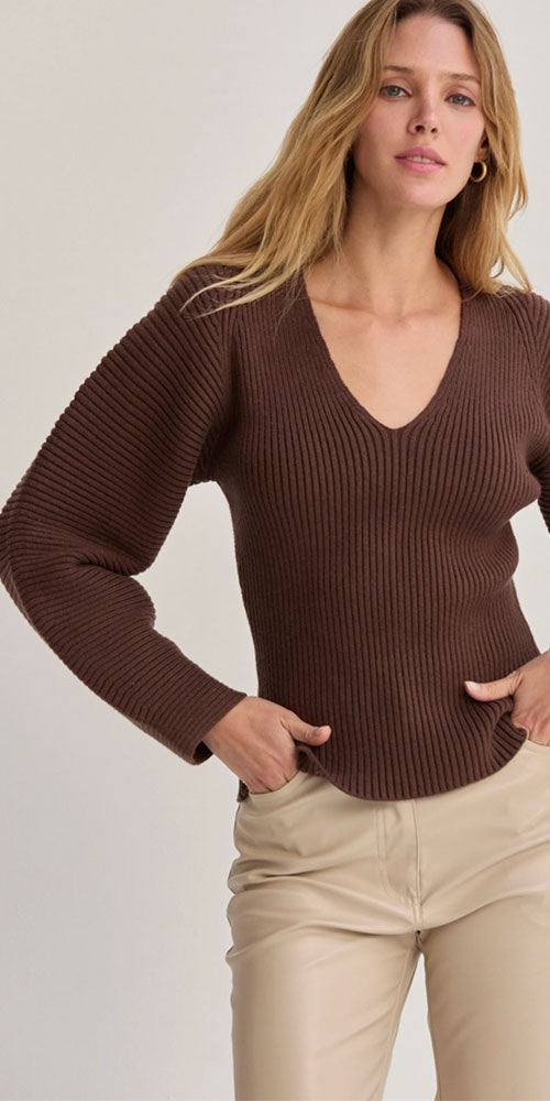 Barrel Sleeve V-neck Pullover, chocolate brown