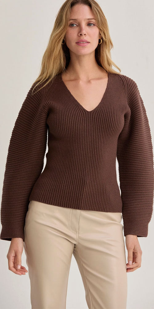 Barrel Sleeve V-neck Pullover, chocolate brown