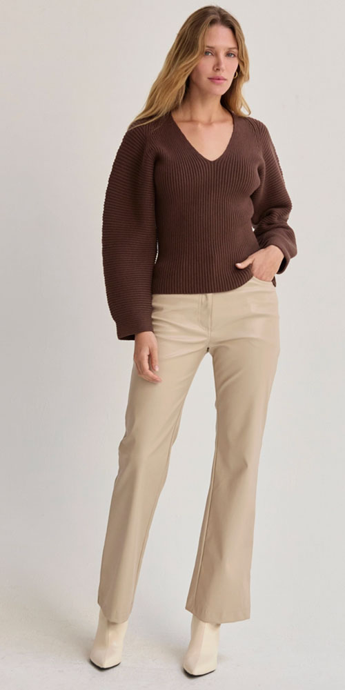 Barrel Sleeve V-neck Pullover, chocolate brown
