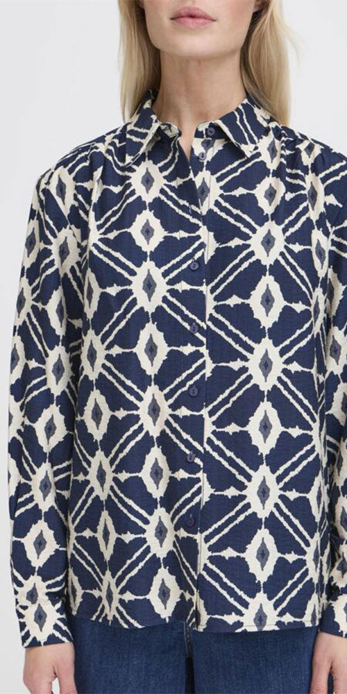 B.Young Bold Ikat Button Shirt, navy