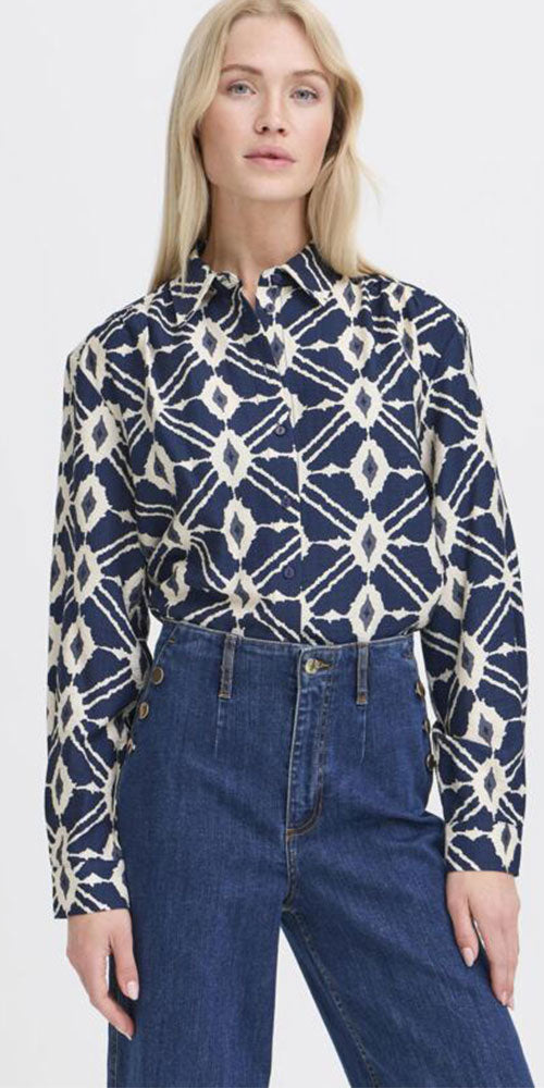 B.Young Bold Ikat Button Shirt, navy