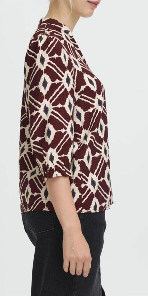 B.Young Bold Ikat V-neck Blouse, burgundy