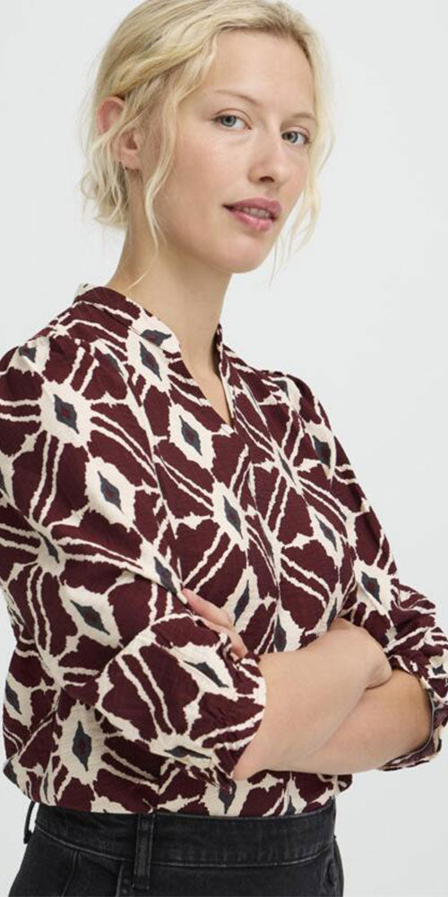 B.Young Bold Ikat V-neck Blouse, burgundy