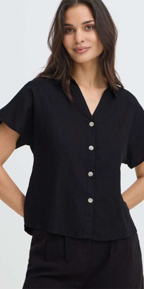 B.Young Linen Blend Button Shirt, black