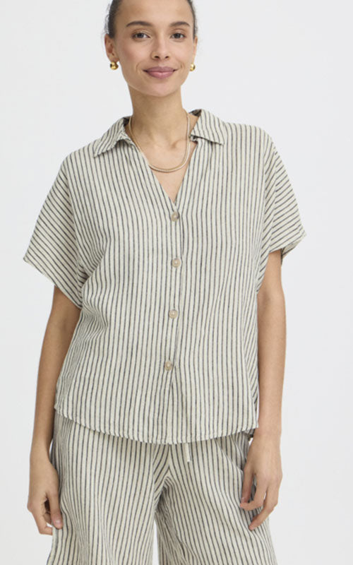 B.Young Linen Blend Button Shirt, black stripe