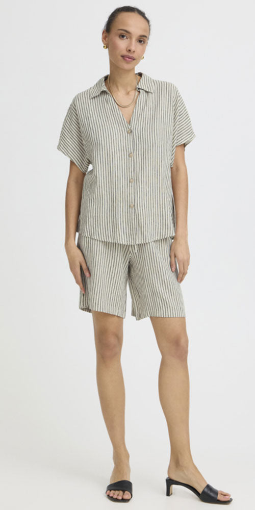 B.Young Linen Blend Button Shirt, black stripe