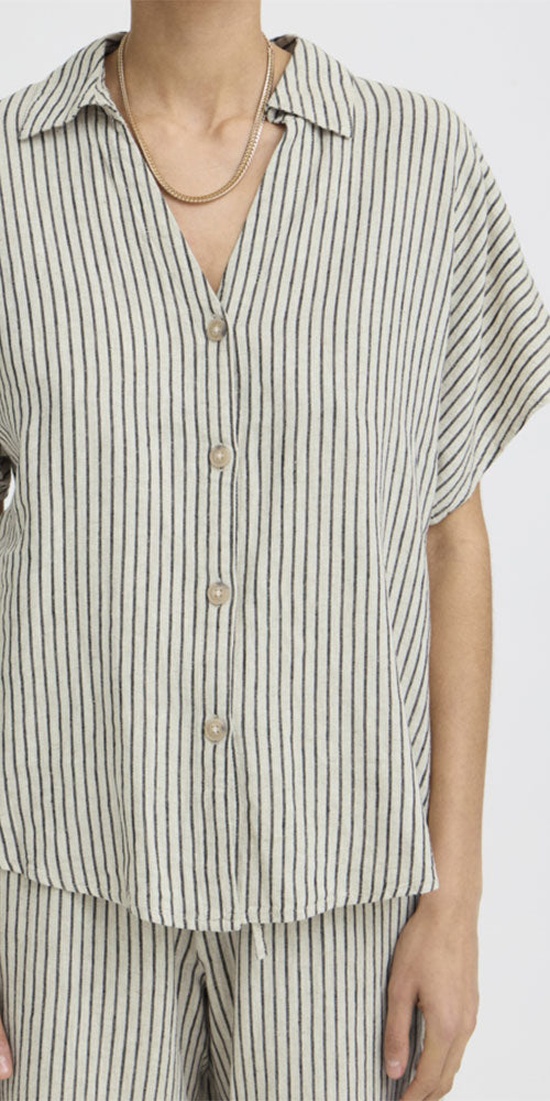 B.Young Linen Blend Button Shirt, black stripe