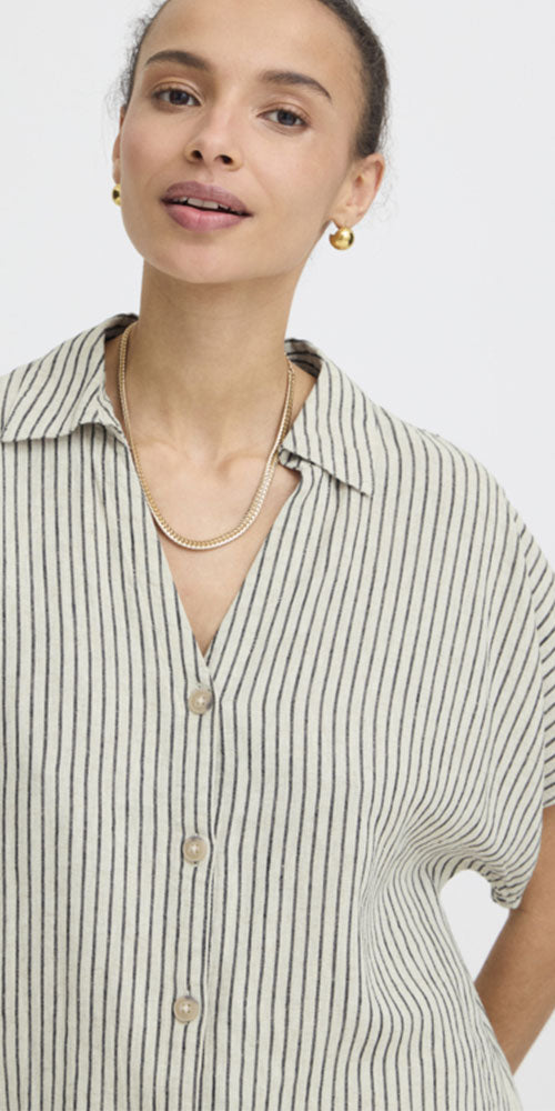 B.Young Linen Blend Button Shirt, black stripe