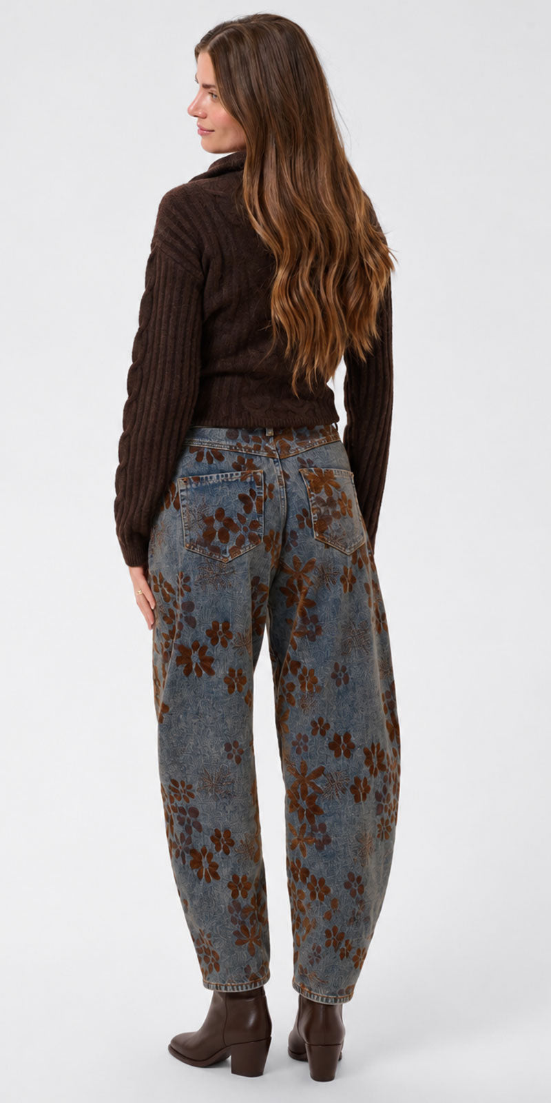 Cream Floral Flocked Barrel Jeans