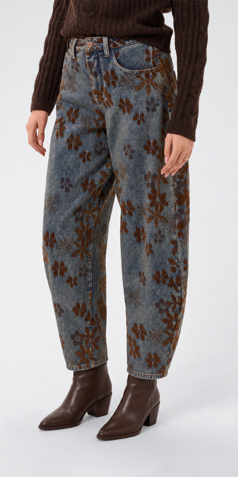 Cream Floral Flocked Barrel Jeans