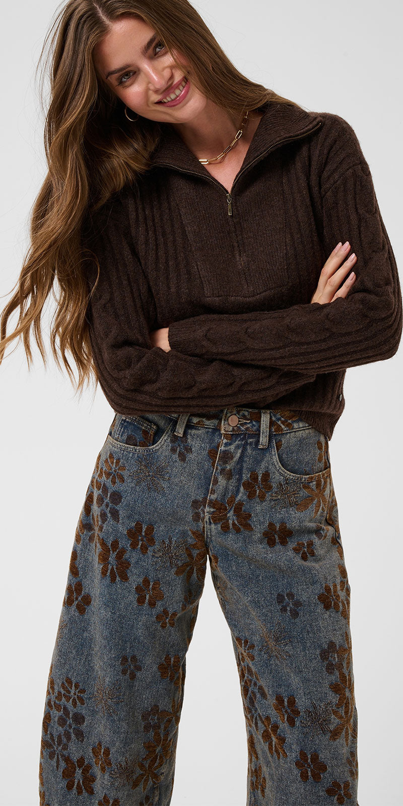 Cream Quarter Zip Sweater, chocolate brown