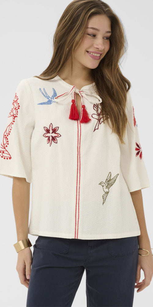 Cream Embroidered Seersucker Tunic