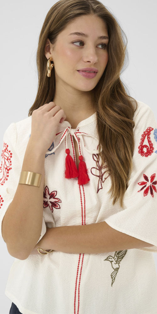 Cream Embroidered Seersucker Tunic