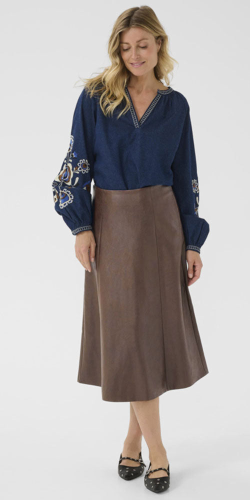 Cream Faux Leather Midi Skirt