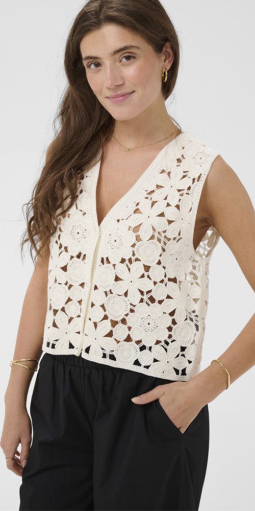 Cream Floral Crochet Vest