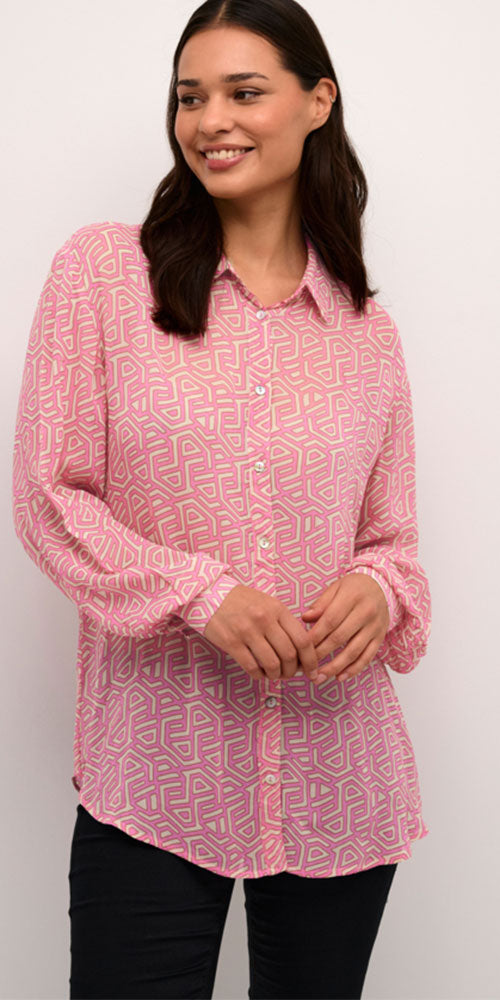 Cream Geometric Print Shirt, pink