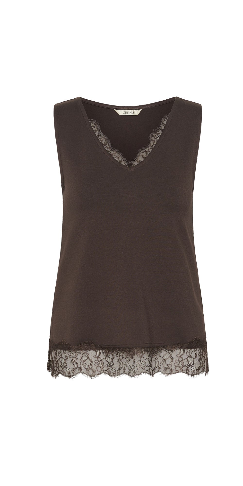 Cream Jersey Lace Trimmed Tank, brown