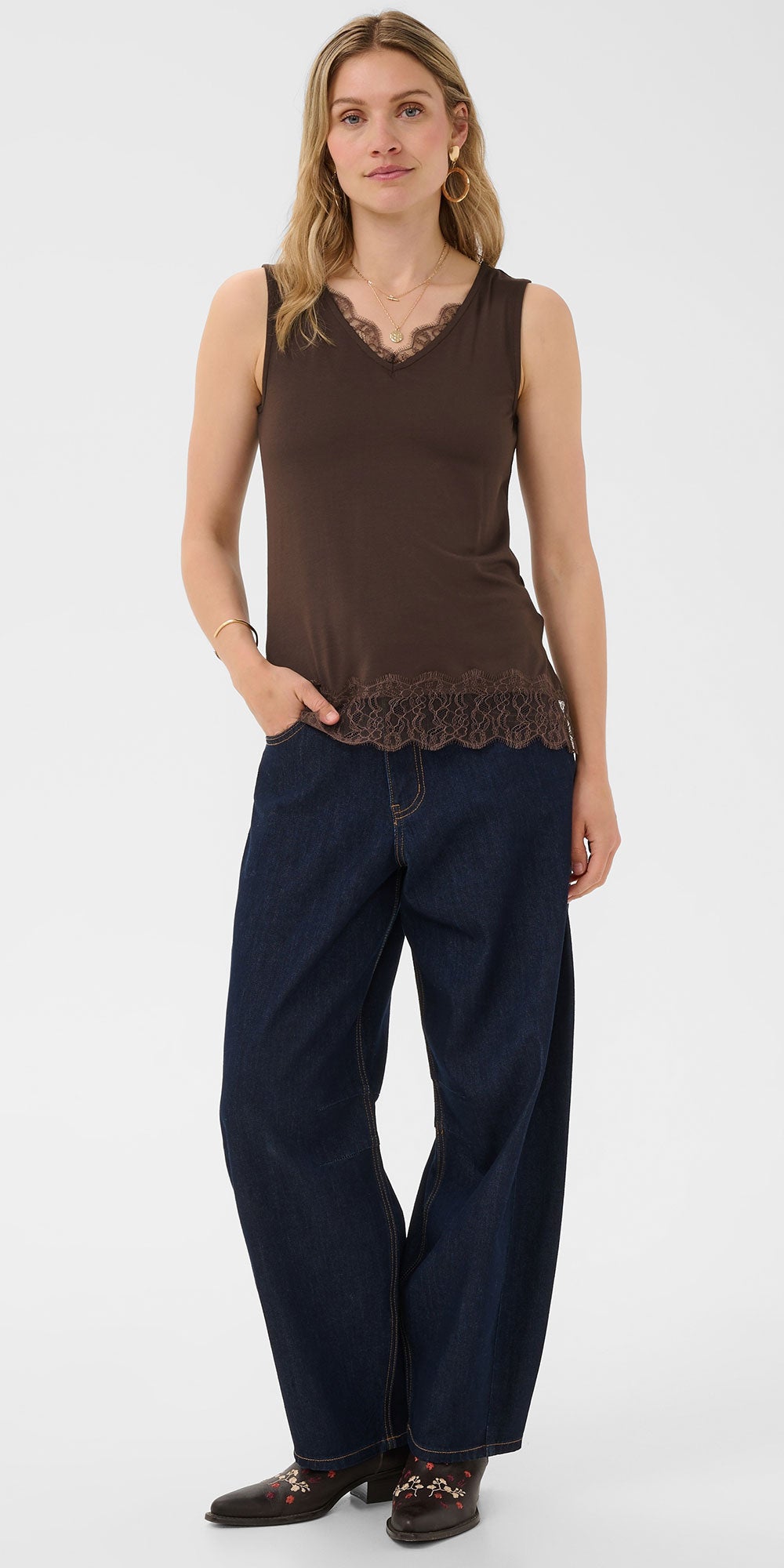 Cream Jersey Lace Trimmed Tank, brown
