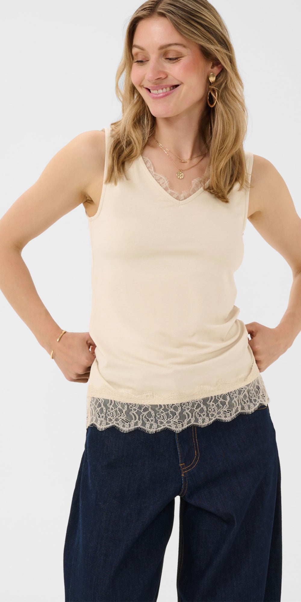 Cream Jersey Lace Trimmed Tank, cream