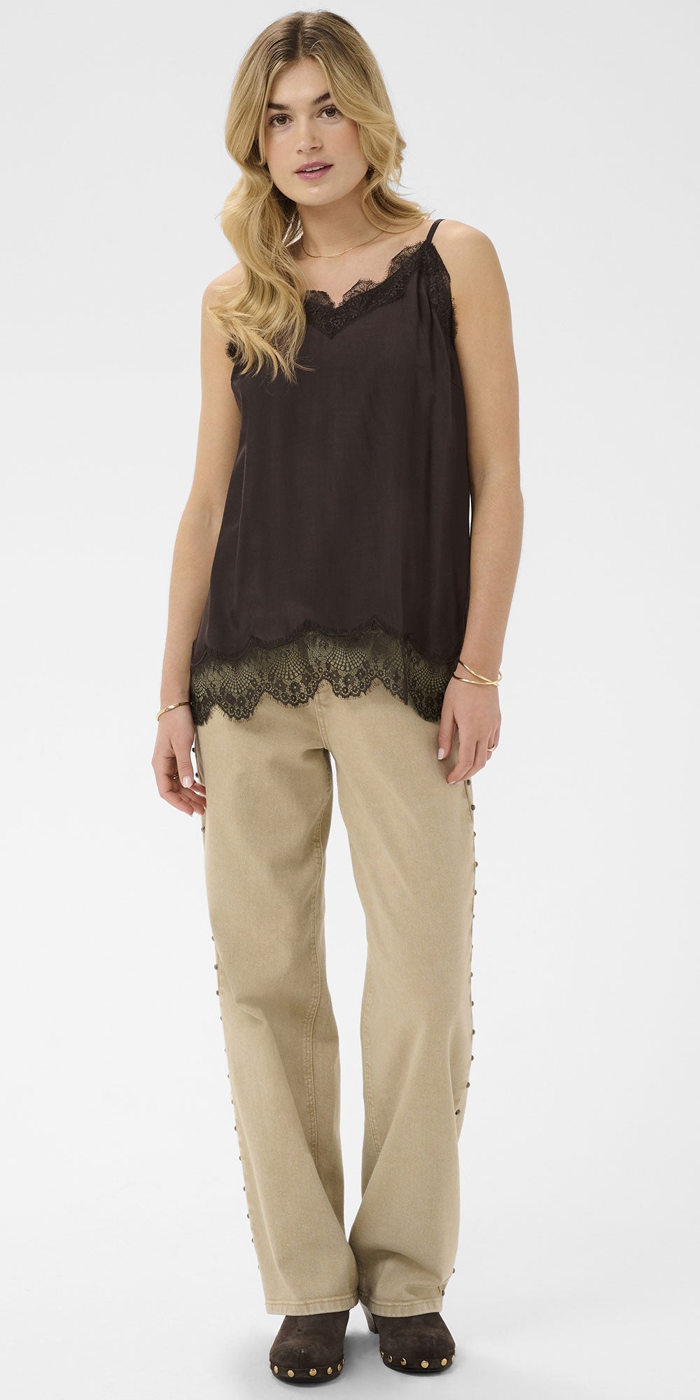 Cream Lace Trim Cami, espresso