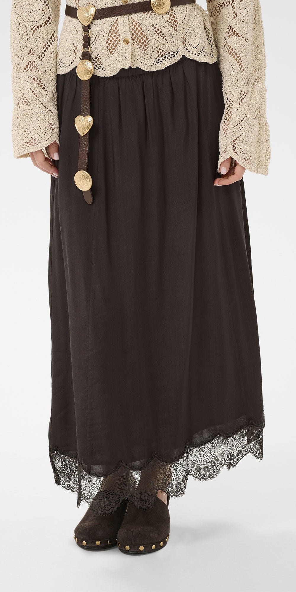 Cream Lace Trim A-line Skirt, espresso