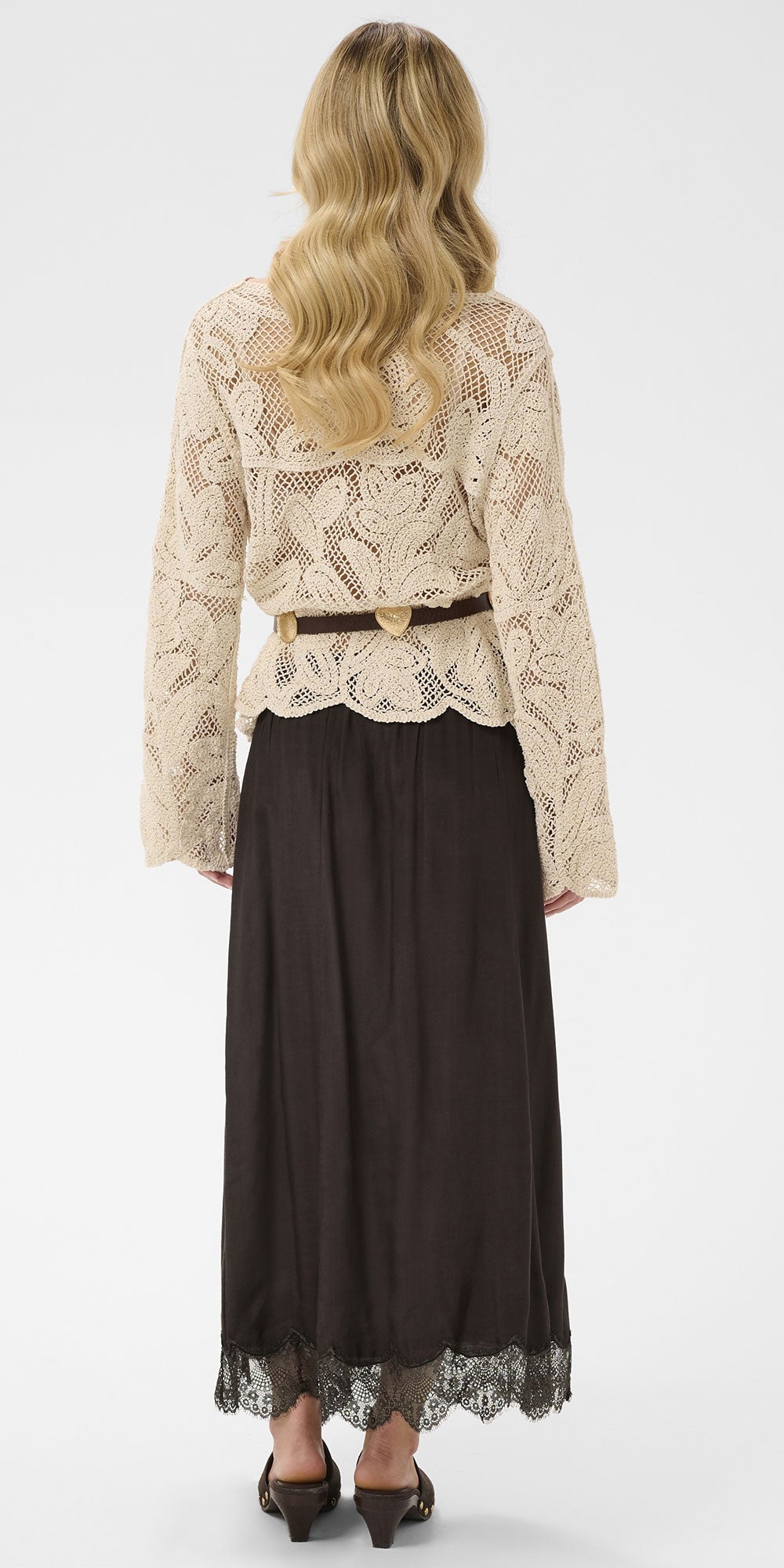 Cream Lace Trim A-line Skirt, espresso