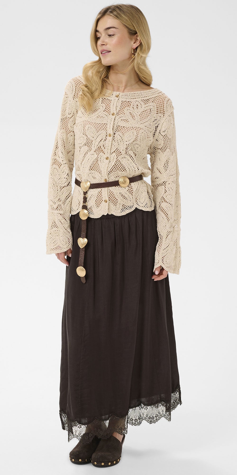 Cream Lace Trim A-line Skirt, espresso
