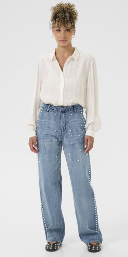 Cream Pearl Embellished Jeans
