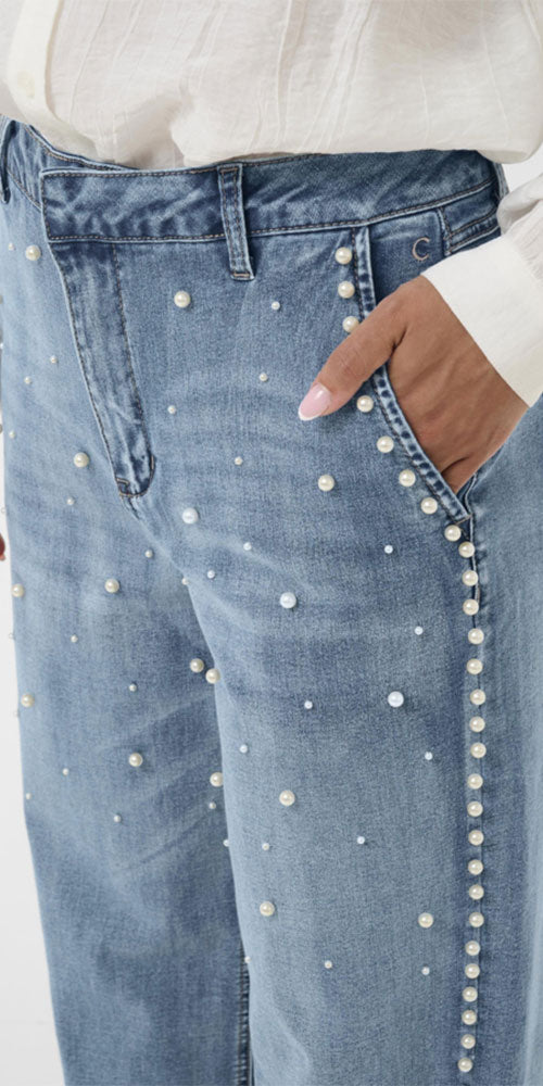 Cream Pearl Embellished Jeans