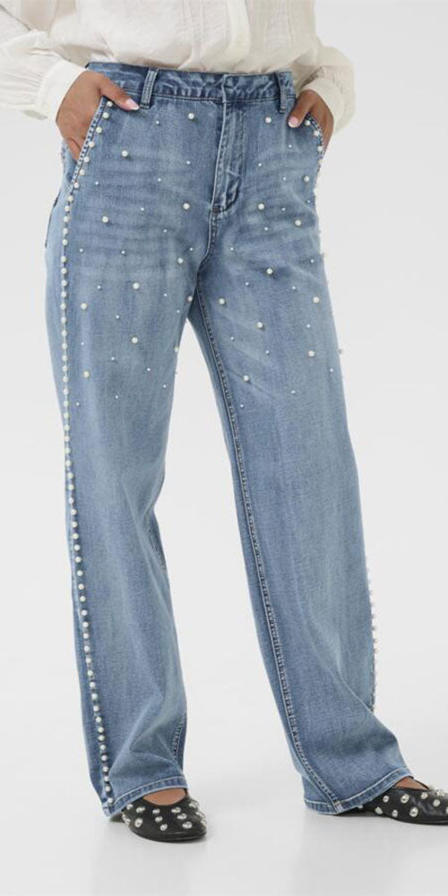 Cream Pearl Embellished Jeans