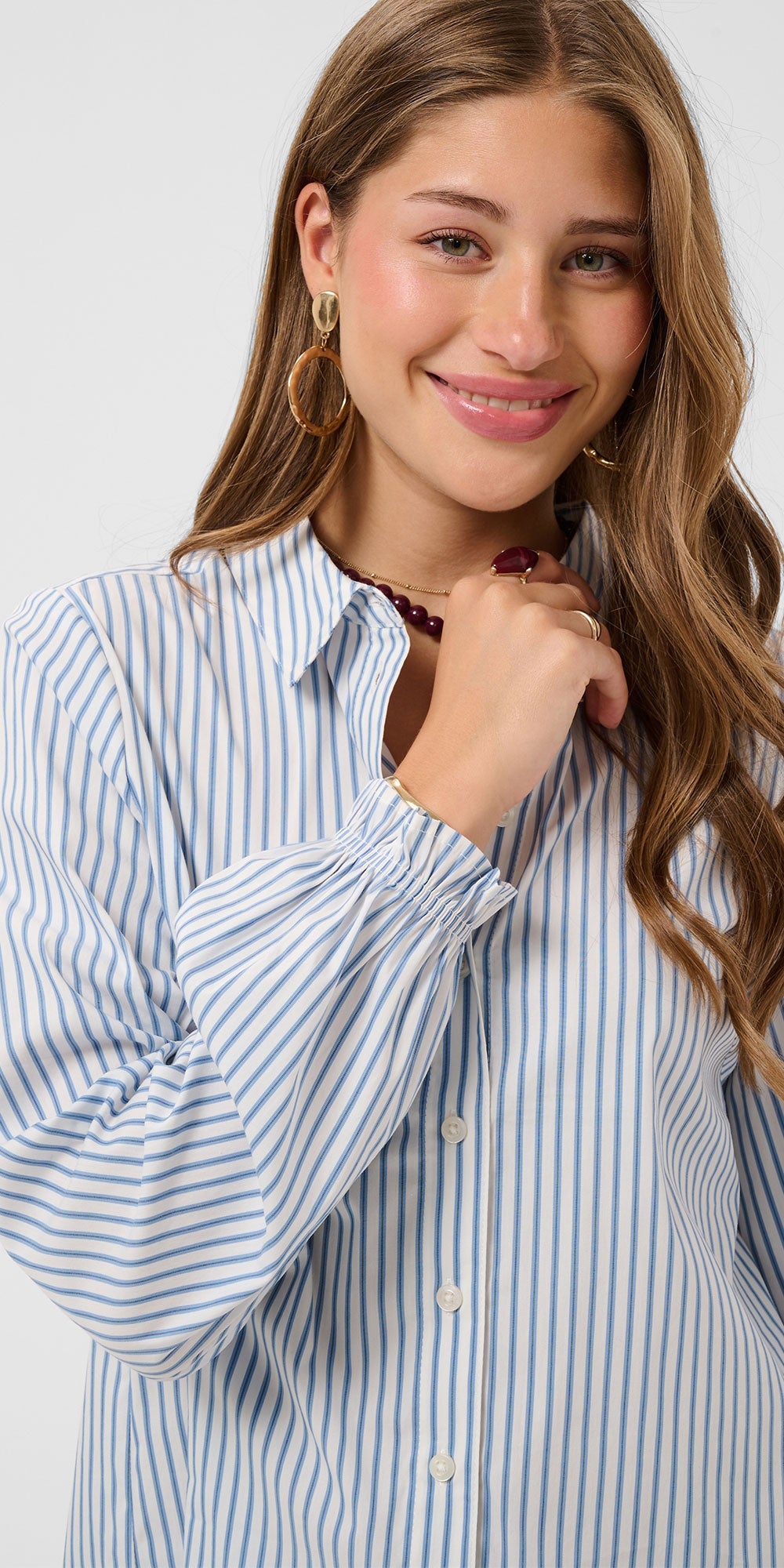 Cream Ruffle Cuff Shirt, blue stripe