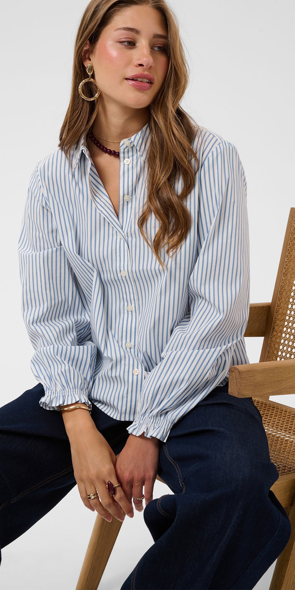 Cream Ruffle Cuff Shirt, blue stripe
