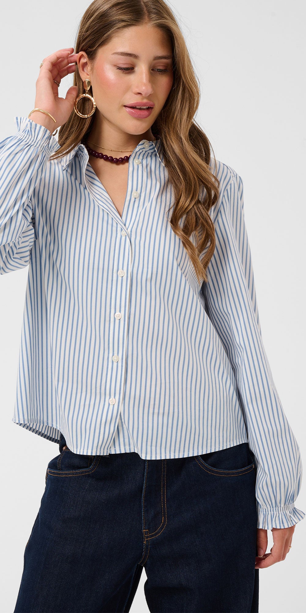 Cream Ruffle Cuff Shirt, blue stripe