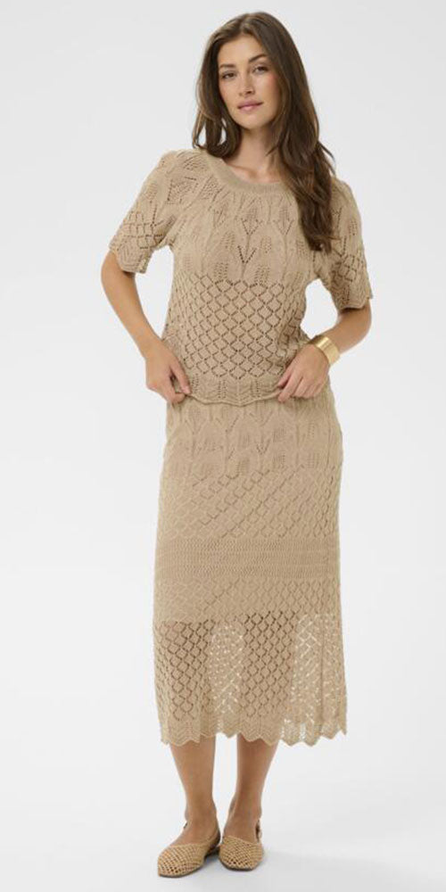 Cream Scallop Knit Skirt, taupe