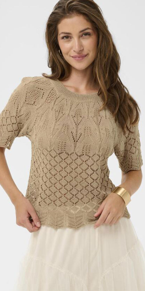 Cream Scallop Knit Top, taupe