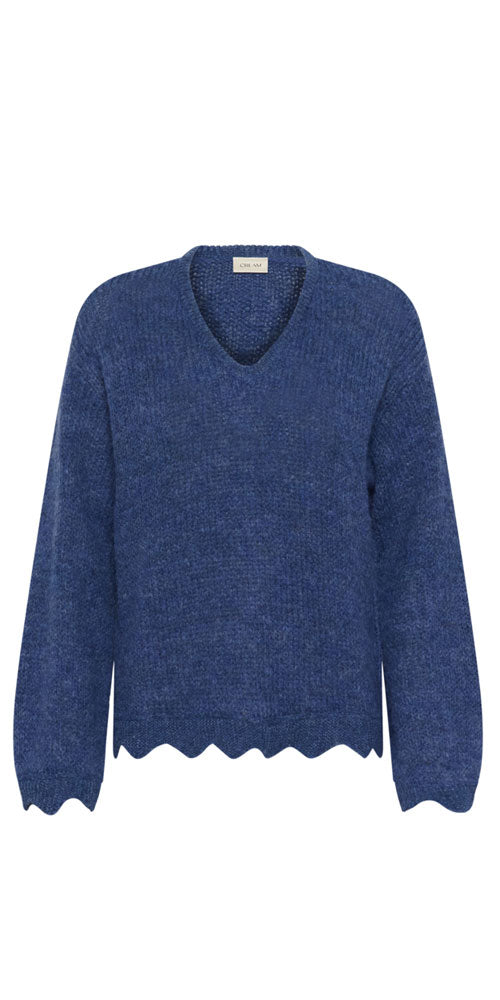 Cream Scalloped Edge V-neck, blue