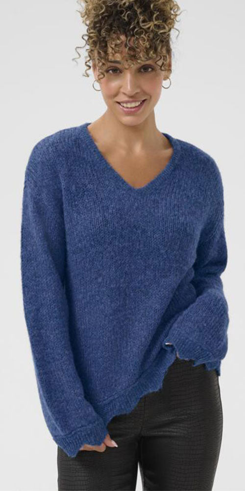 Cream Scalloped Edge V-neck, blue