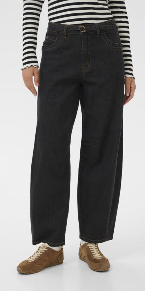 Cream Self Belted Barrel Jeans, black wash