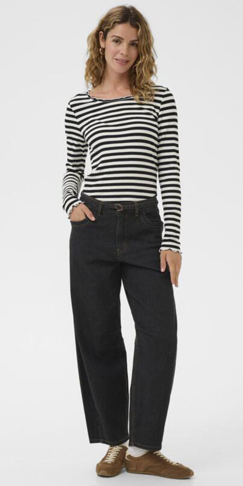 Cream Self Belted Barrel Jeans, black wash