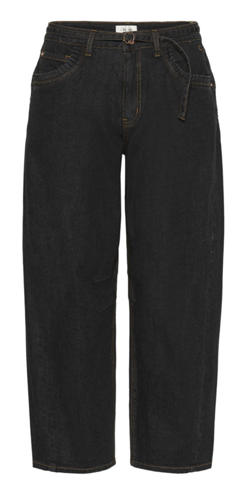 Cream Self Belted Barrel Jeans, black wash