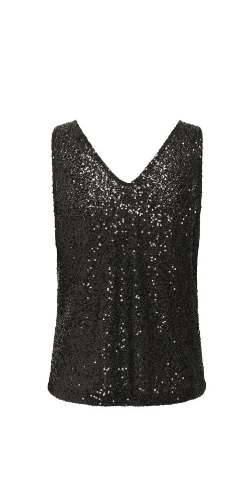 Cream Sequin V-neck Tank, black