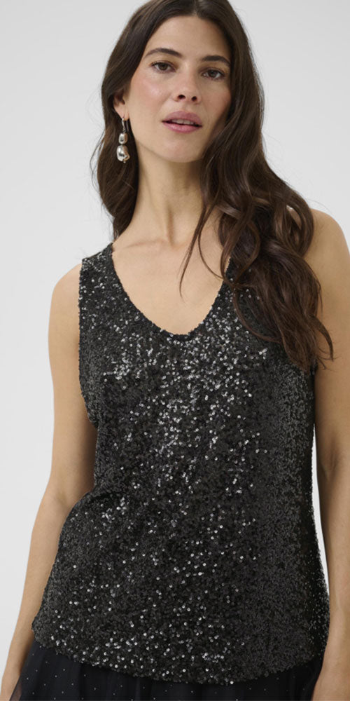 Cream Sequin V-neck Tank, black