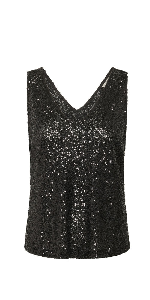 Cream Sequin V-neck Tank, black