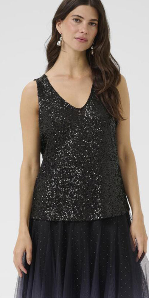 Cream Sequin V-neck Tank, black