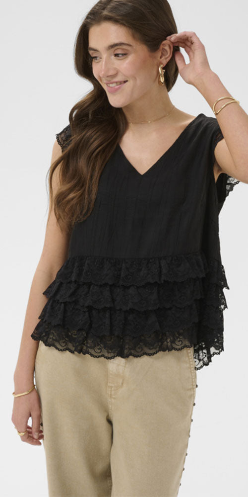 Cream Tiered Lace Top, black