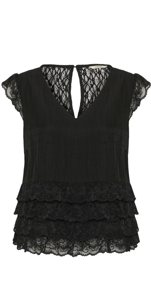 Cream Tiered Lace Top, black
